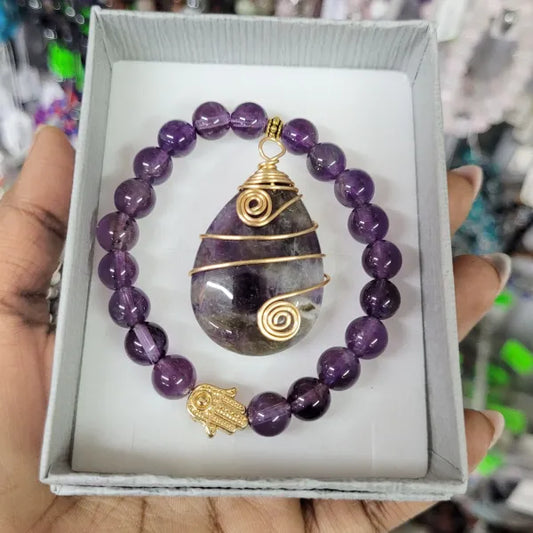 Amethyst Bracelet & Elephant Pendant Set
