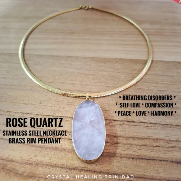 Chunky Rose Quartz Pendant With Stainless Steel Necklace