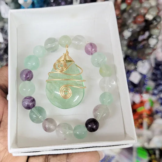 Fluorite Pendant & Bracelet Set- Stainless Steel