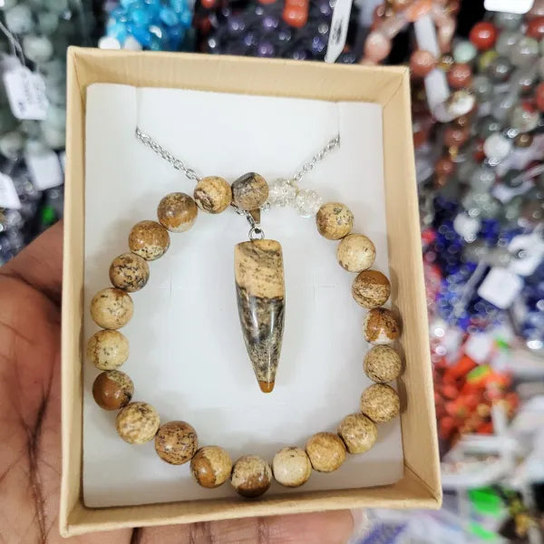 Picassco Jasper Necklace & Bracelet Set - Stainless Steel