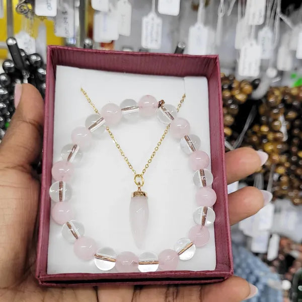 Rose Quartz Bracelet & Necklace Set - Stainless Steel