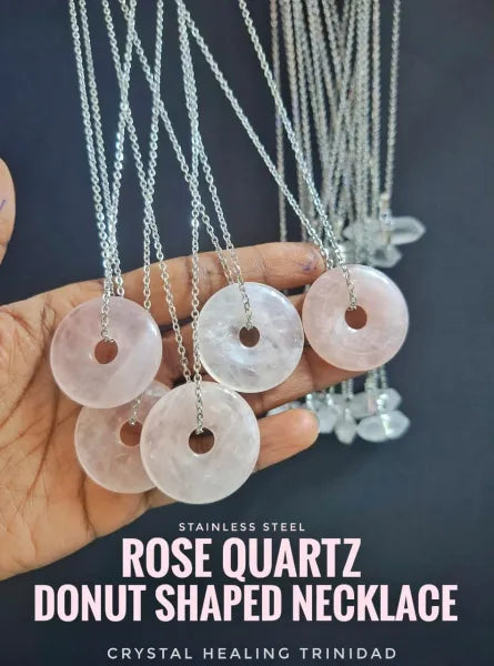 Rose Quartz Donut Shaped Necklace- Stainless Steel